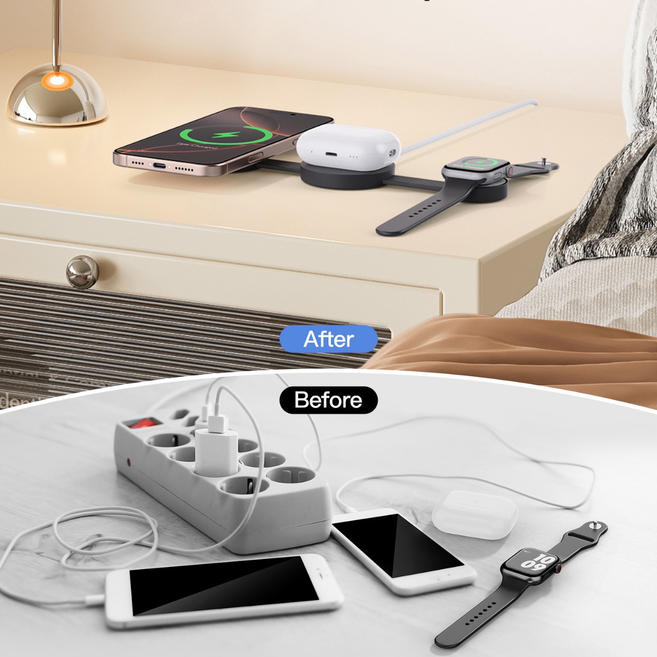 The new desktop foldable three-in-one magnetic wireless charger is foldable and suitable for wireless charging of iphones Application Scenario