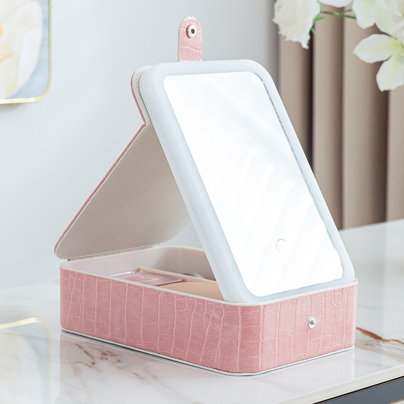 LED three-color light makeup box, folding portable dressing mirror, cosmetics and jewelry storage bag, outdoor supplementary lighting makeup mirror Specification drawing