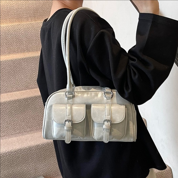 2025 New high-end quality large-capacity bowling bag for women, solid color multi-pocket simple underarm single-shoulder bag full figure