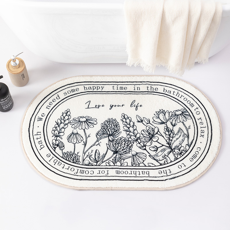 Oval-shaped faux cashmere printed floor mat for bathroom feet, water-absorbing and anti-slip floor mat, versatile and simple bathroom floor mat