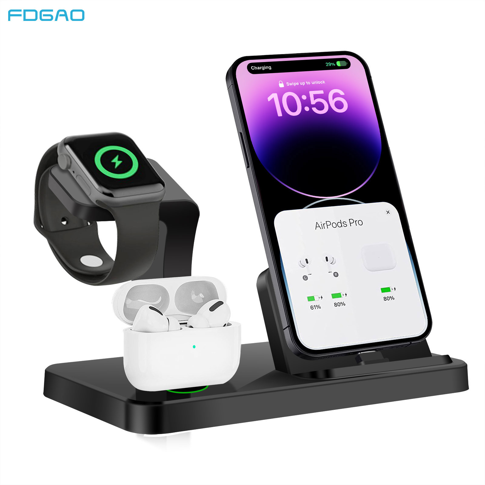 FDGAO/ New vertical three-in-one charger for watch wireless direct charging is suitable for Apple 14/13 phones Specification drawing