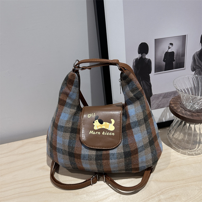 Korean cartoon puppy backpack for women, 2024 New style college checkered Tote bag, casual large-capacity single-shoulder bag full figure