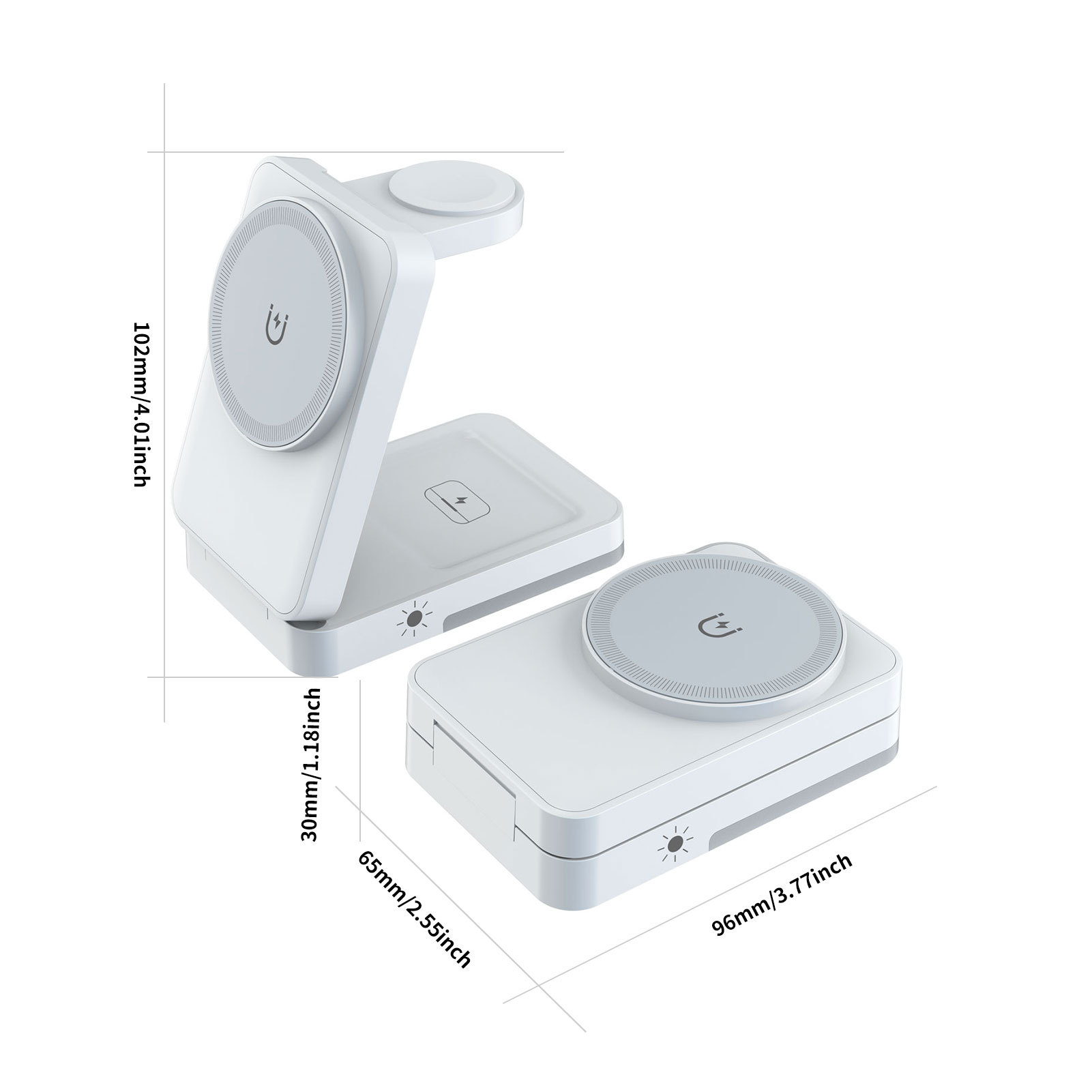 The folding and magnetic three-in-one wireless charger is suitable for Apple phones, headphones and watches as a standing wireless charger Item Picture