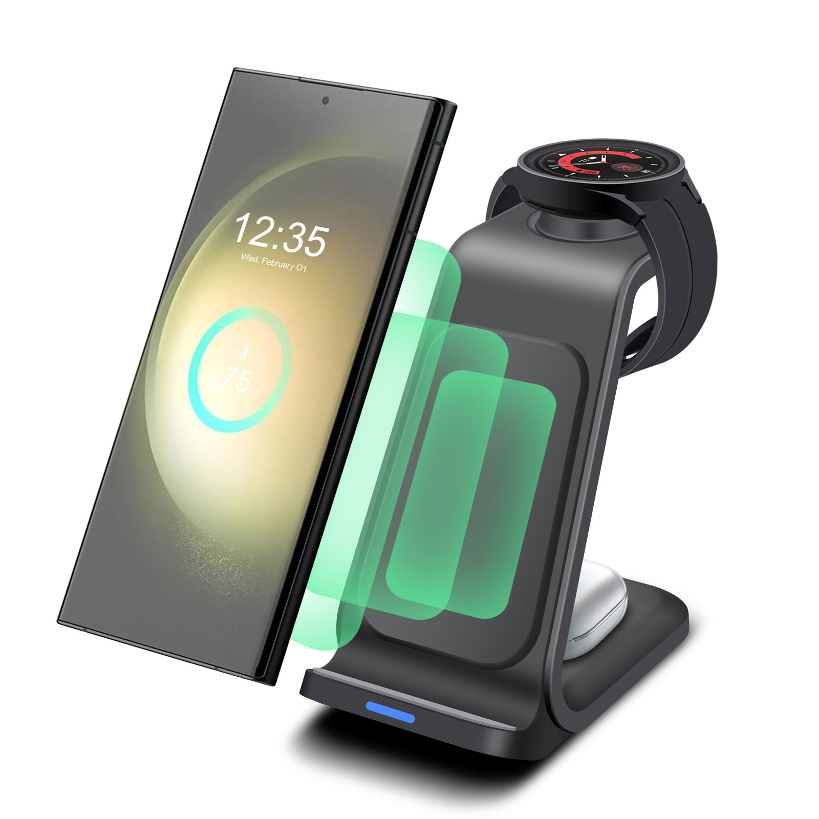 The FDGAO/ vertical 3-in-1 wireless charger is suitable for fast charging of Samsung and Apple mobile phones and headphones Application Scenario