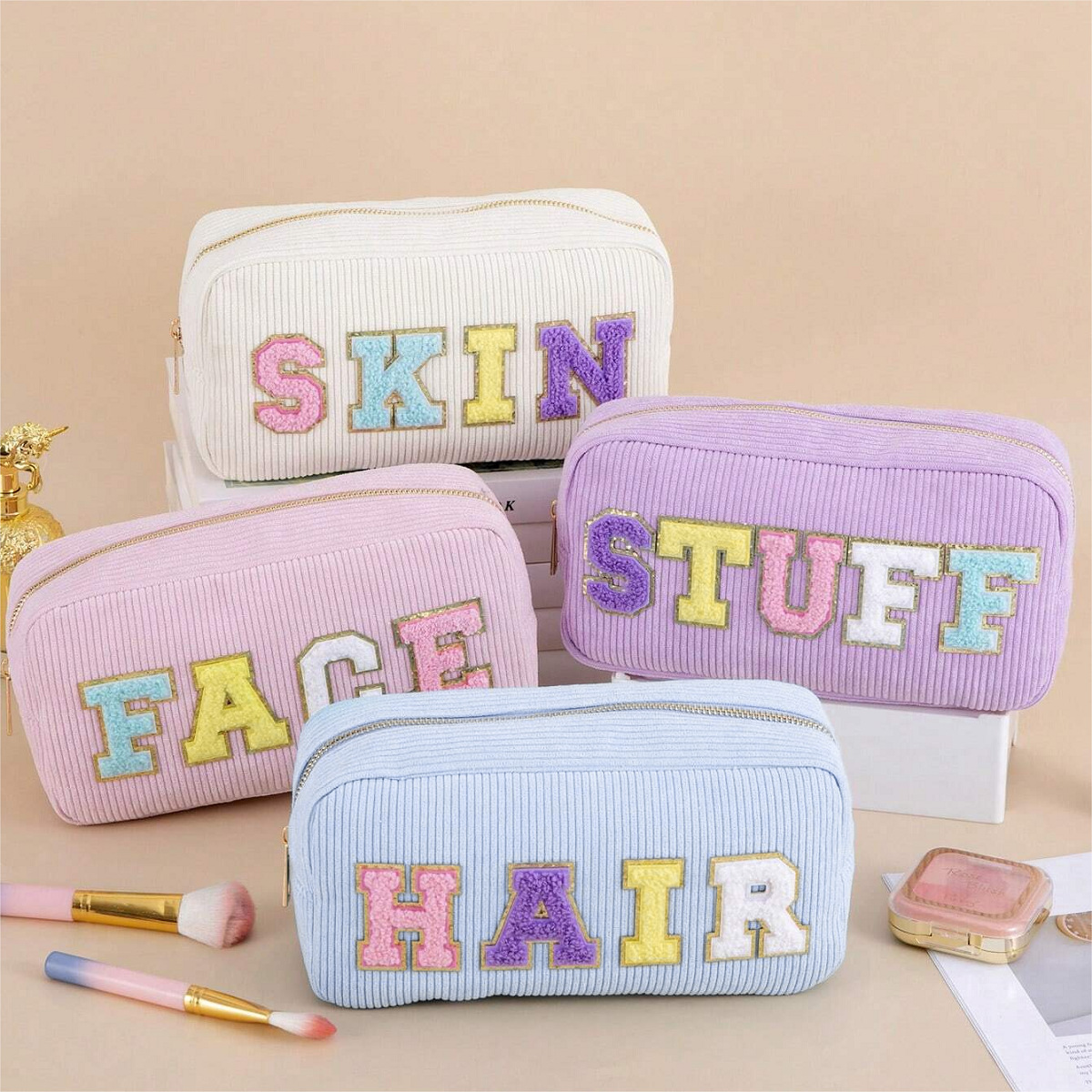 Amazon cross-border embroidery storage bag, corduroy letter makeup bag, portable toiletry bag, large capacity makeup bag full figure