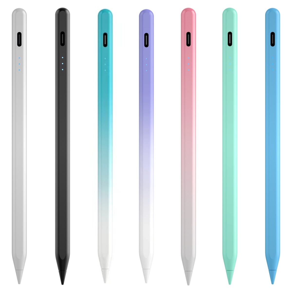 The capacitive pen is suitable for ipad active capacitive pen. It features three lights, battery level display, anti-accidental touch, tilt and pressure-sensitive active capacitors Item Picture
