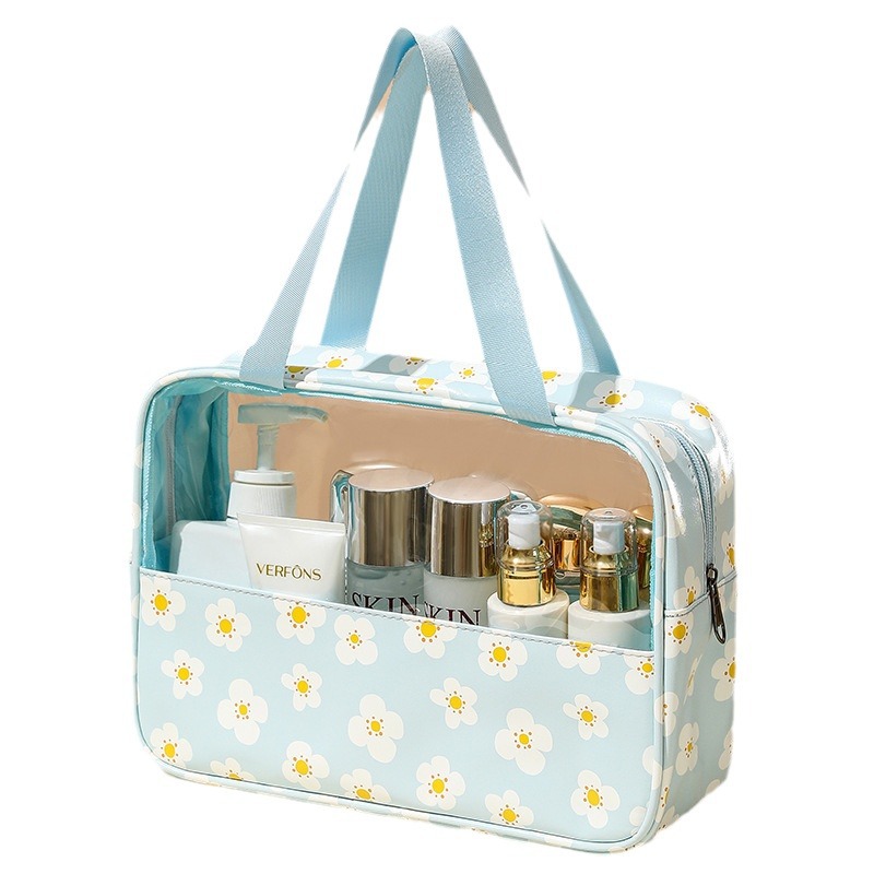 Printed transparent cosmetic bag, waterproof spliced toiletry bag, large-capacity travel storage bag, hand-held portable storage bag Item Picture