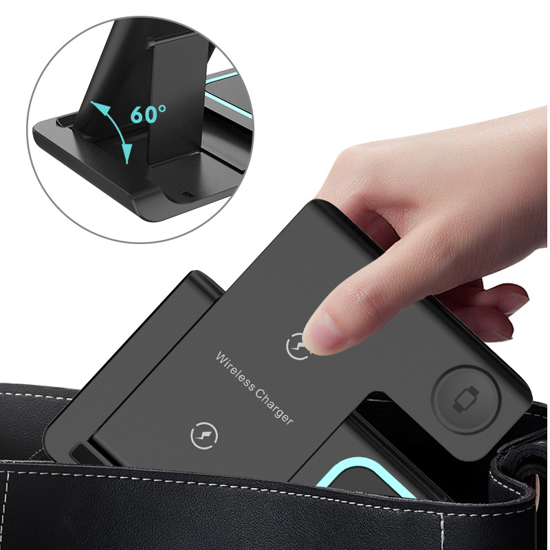 The new wireless charger is a foldable stand three-in-one wireless charger suitable for fast charging of Apple and Huawei mobile phones Specification drawing