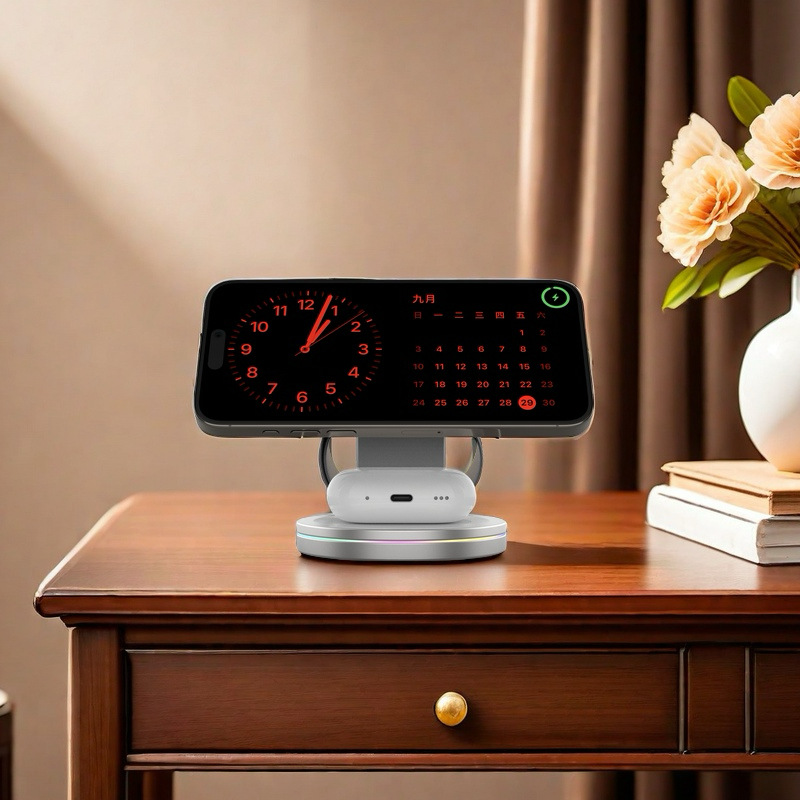 Magnetic Qi2 wireless charger three-in-one folding stand 360-degree rotation decompression metal zinc alloy V22 Specification drawing