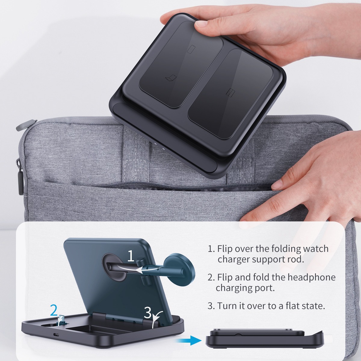 The three-in-one wireless charger is compatible with Samsung Z Fold/Flip foldable phones, headphones, smartwatches, and Apple 16 Specification drawing