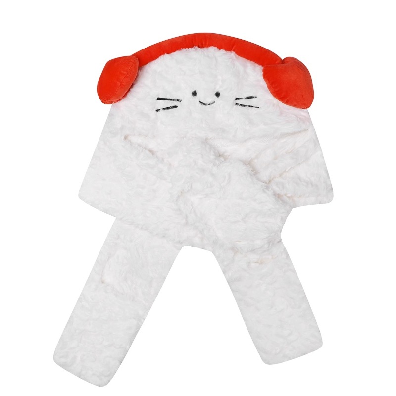 Biuiu~ Ear-protecting scarf, hat and gloves in one piece, winter plush warm and versatile, cute cat hood, scarf for women Item Picture