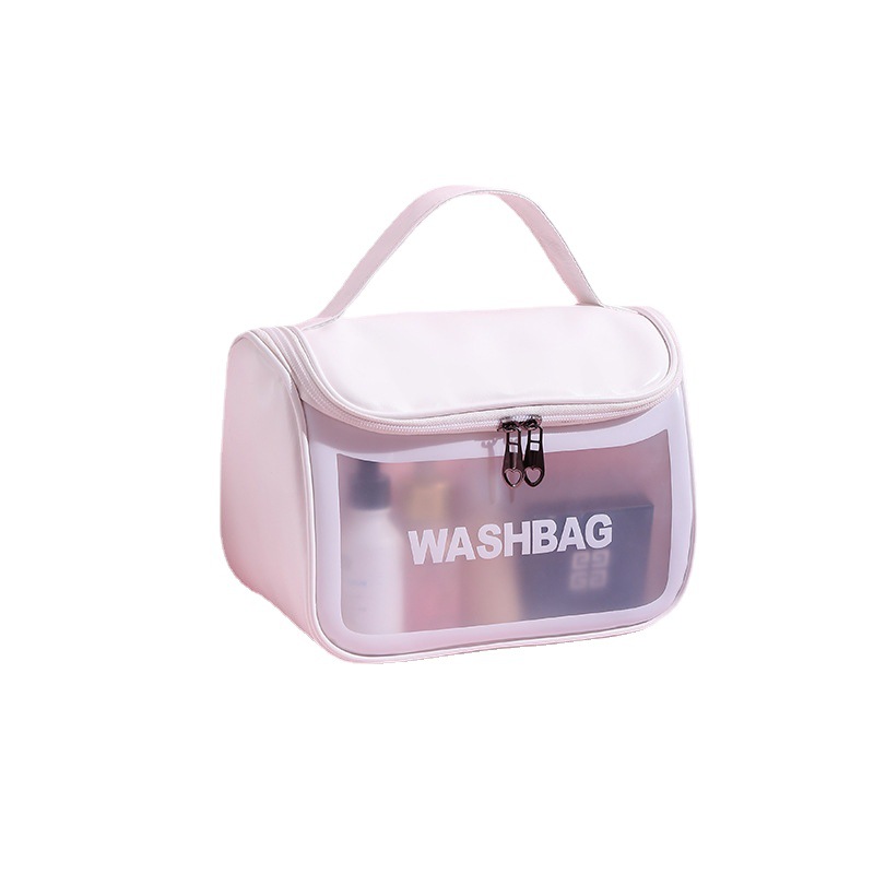 New transparent cosmetic bag, matte toiletry bag, pu flip-top bath bag, PVC semi-transparent portable storage bag for women Item Picture