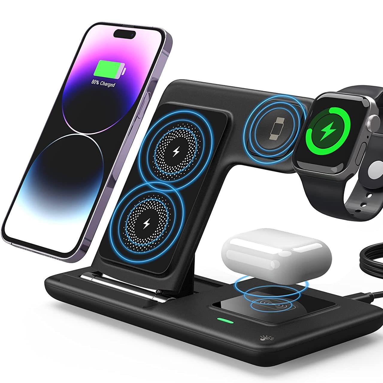 Factory direct supply cross-border bestseller, suitable for Apple 15 3-in-1 wireless charging, foldable dual-coil 15W fast charging full figure