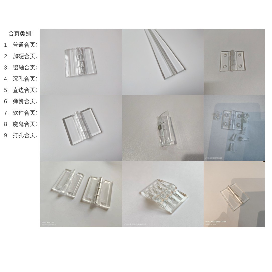 Factory value-added tax transparent frosted plastic organic acrylic hinge with holes, screws, springs and hardened frosted full figure