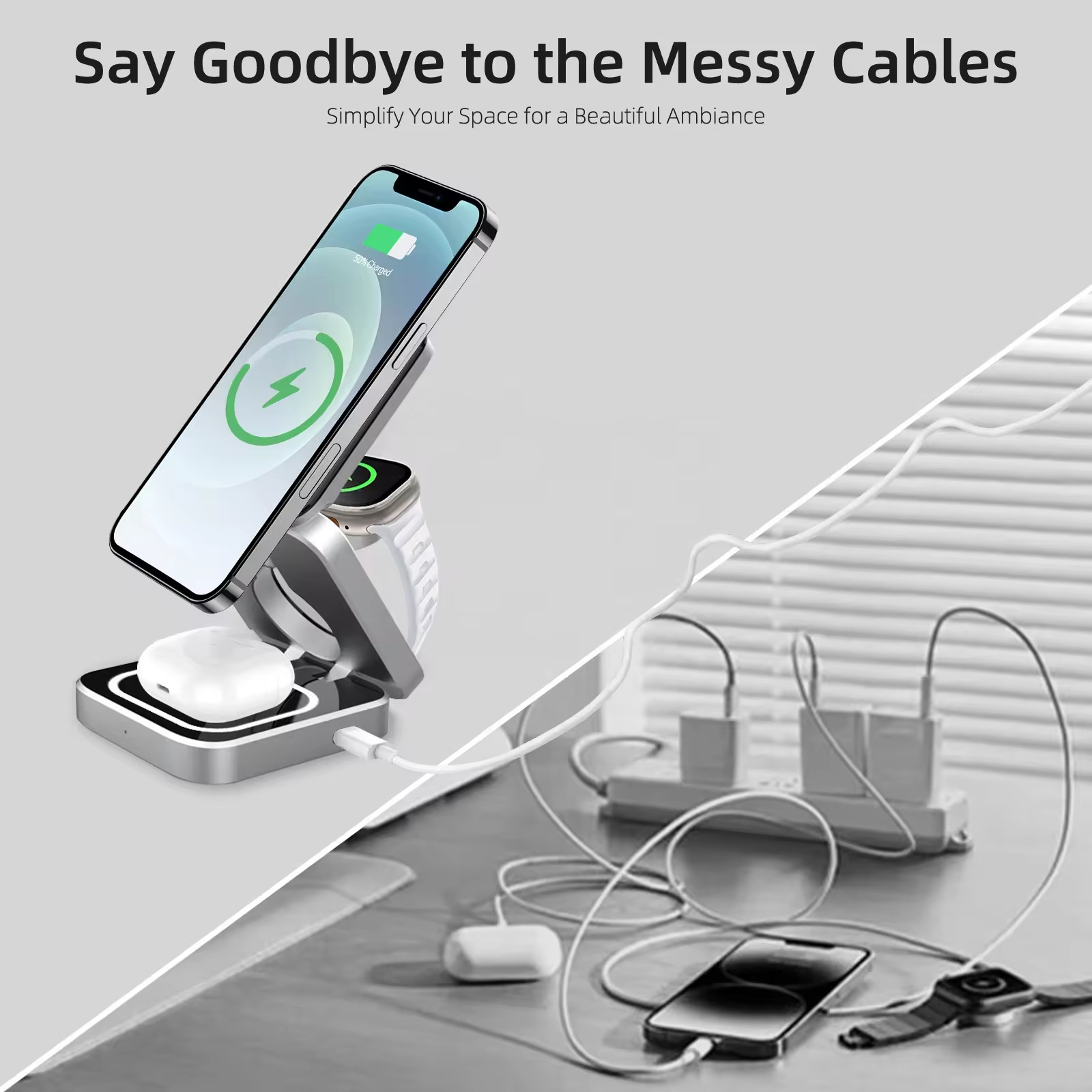 New cross-border three-in-one magnetic wireless charger, fast charging for mobile phones, folding stand, wireless charging for headphones and watches Specification drawing