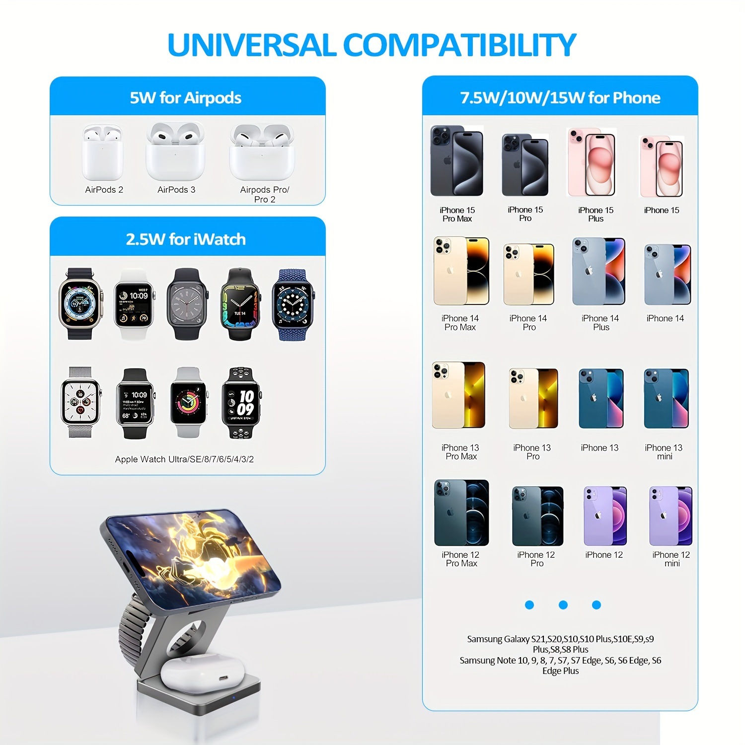 The 3-in-1 magnetic wireless charger and foldable charger are suitable for iphones, headphones and watches Application Scenario