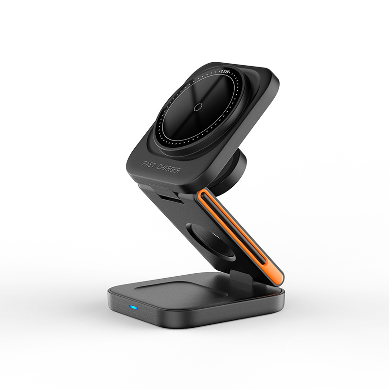 Cross-border three-in-one magnetic wireless charger, fast charging, folding stand, wireless charger for headphones, watches and mobile phones Item Picture