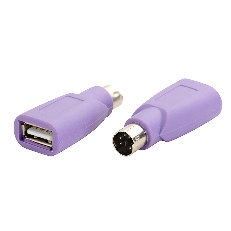 Purple ps2 male round head mouse and keyboard interface converter adapter, PS2 male to USB female conversion plug full figure