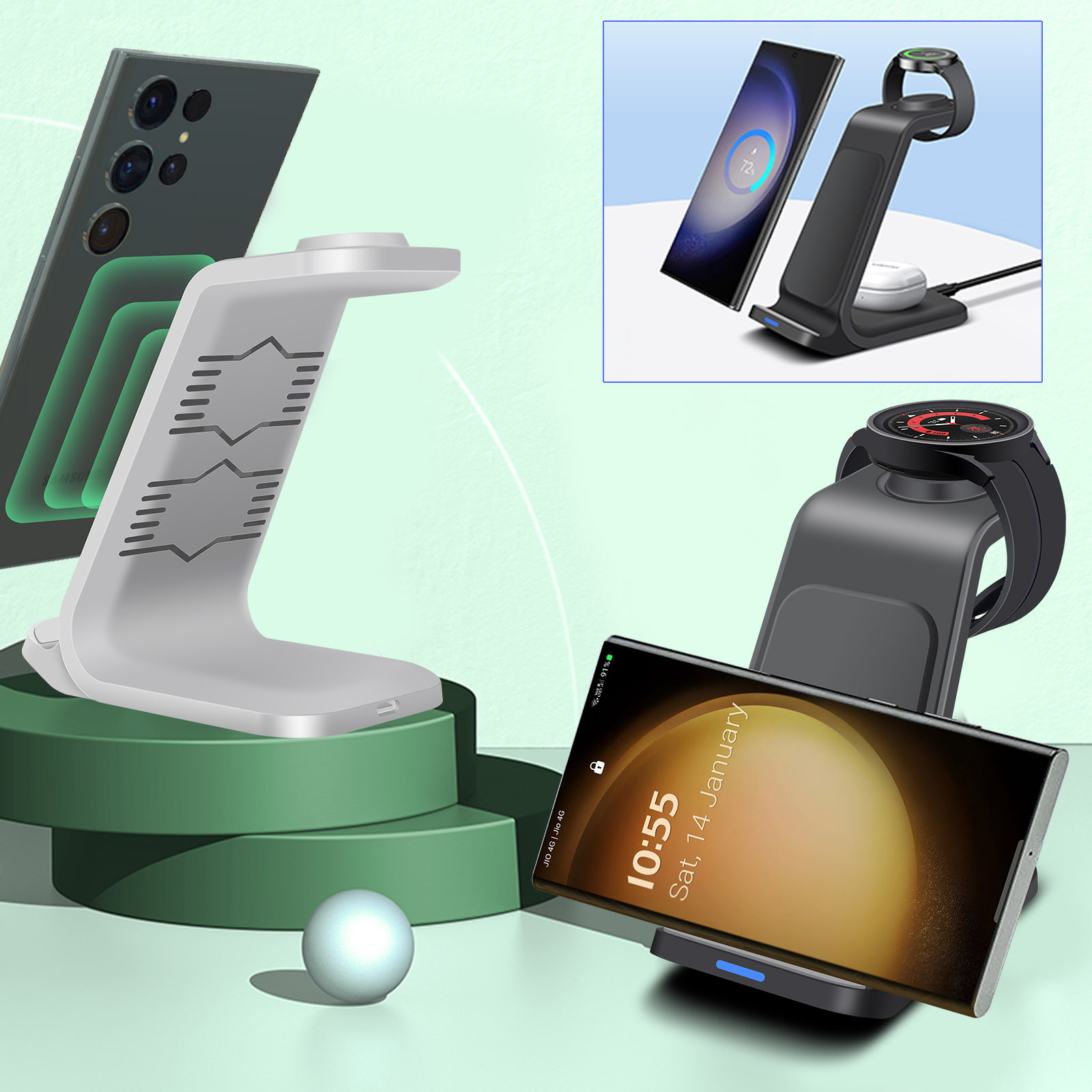 The FDGAO/ vertical 3-in-1 wireless charger is suitable for fast charging of Samsung and Apple mobile phones and headphones details Picture
