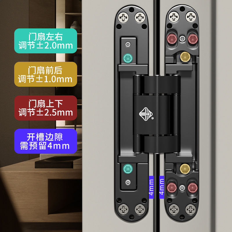 Invisible door hinges, outward-opening wooden doors, folding doors, cross concealed hinges, heavy-duty 180-degree hidden three-dimensional adjustable hinges details Picture