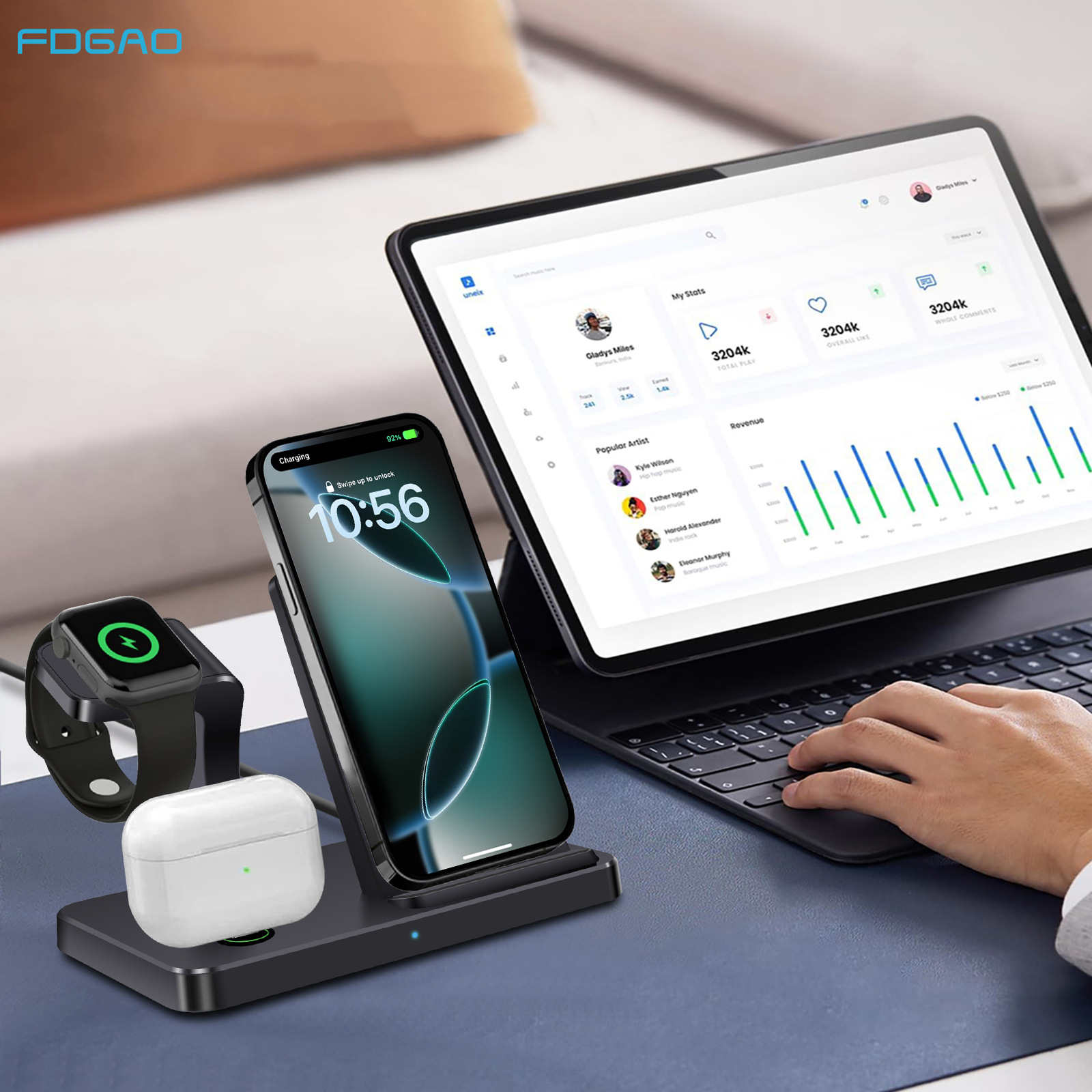 The FDGAO/ three-in-one wireless charger is suitable for Apple, Samsung, iphone phones, headphones and watches Specification drawing