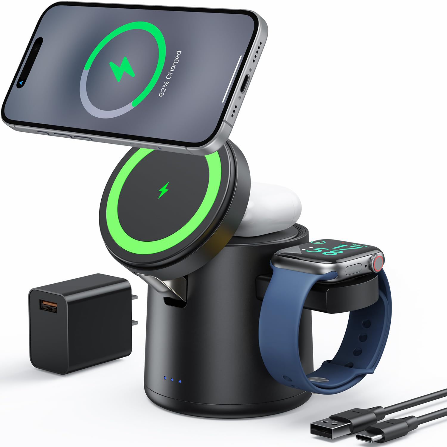 The new 15W portable foldable magnetic three-in-one wireless charger is suitable for Apple's wireless charging stand full figure