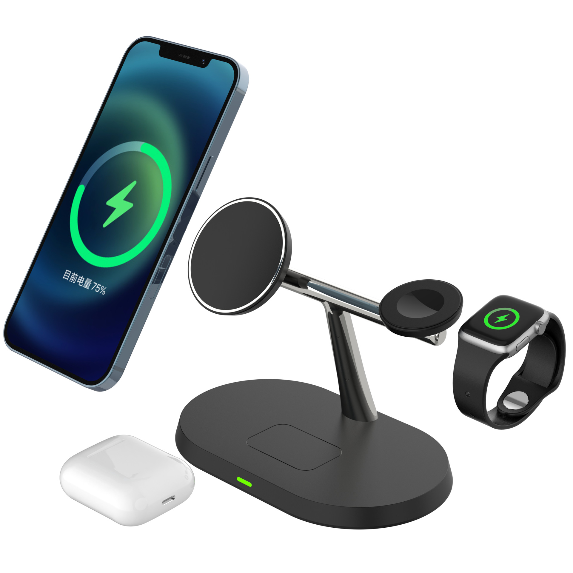 The three-in-one wireless charger is suitable for magnetic charging of iphones and Huawei phones, as well as wireless chargers for headphones and watches details Picture