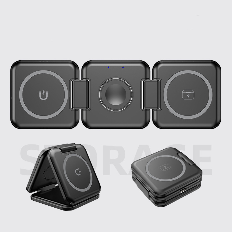 Three-in-one magnetic wireless charger, folding magsafe mobile phone charger, wireless charging stand for cross-border use Specification drawing