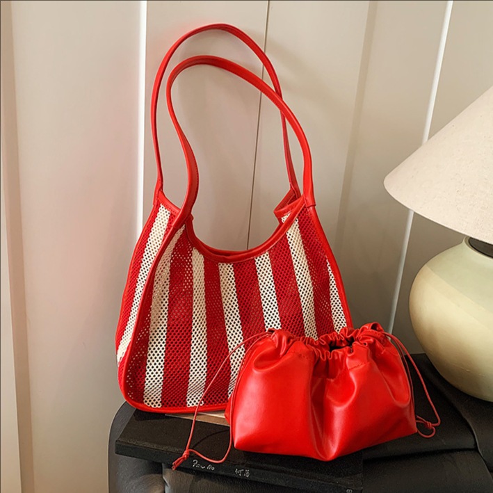 New Summer 2025 striped, versatile underarm bag, women's hollowed-out mother and child, large-capacity bucket bag, versatile shoulder bag full figure