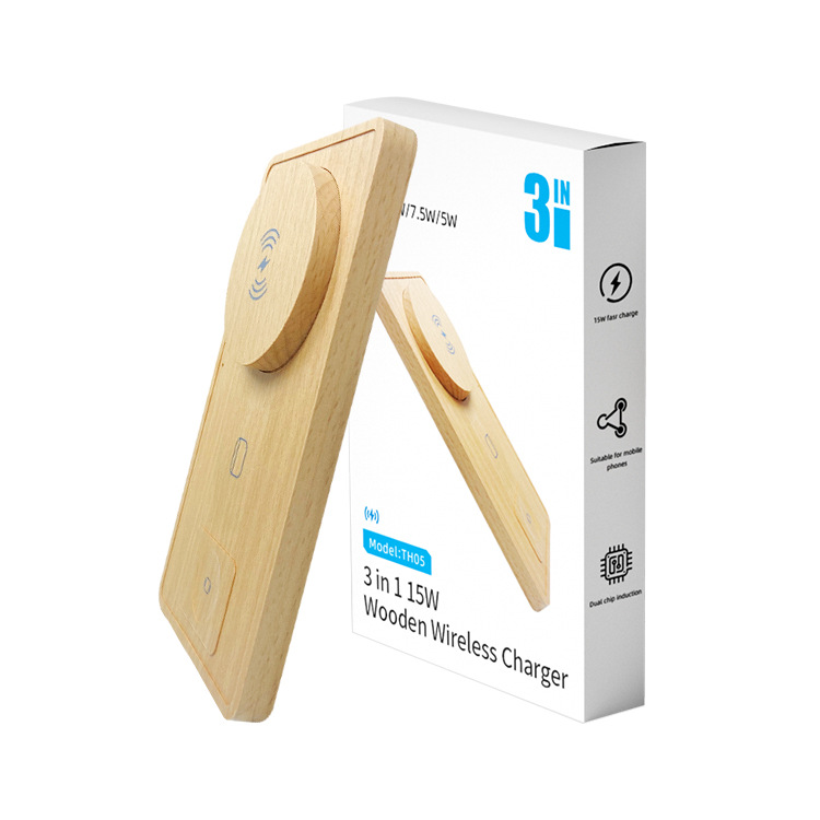 A cross-border best-selling ultra-thin three-in-one wireless charger featuring bamboo and wood multi-in-one fast charging Specification drawing