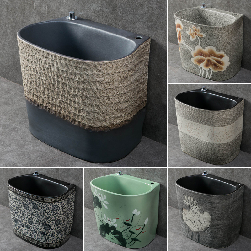 Ceramic small mop basin, balcony bathroom, household mop basin, retro outdoor sink basin, mop basin, courtyard floor basin full figure