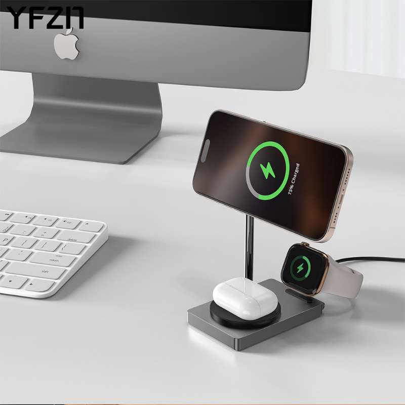 High-quality 30W folding magnetic three-in-one wireless charger, zinc alloy qi2 certified watch, 5W fast charging Specification drawing