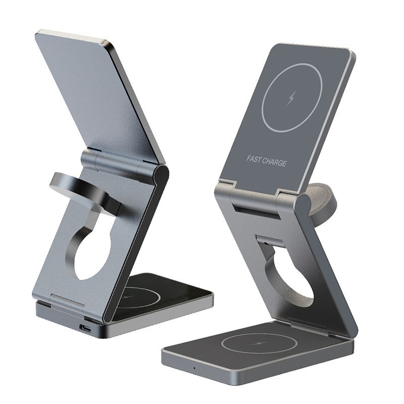 Magnetic folding three-in-one metal wireless charger, multi-functional aluminum alloy desktop, 15w fast charging, flash charging details Picture