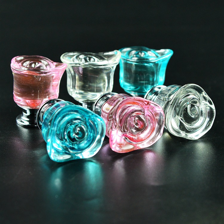 Crystal glass rose gold handles for bedside drawers, furniture cabinet door handles, colored shower room doors, flower bud handles are now available Specification drawing