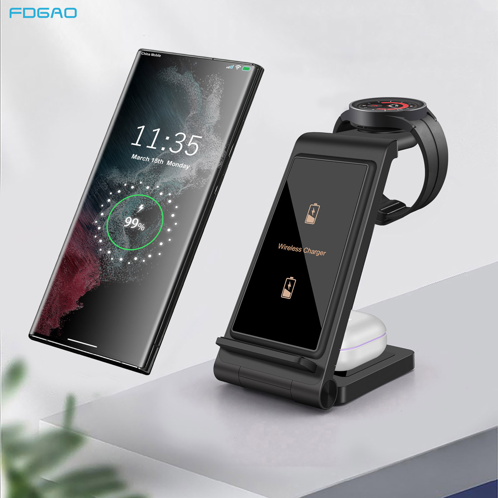 FDGAO/ Samsung Wireless Charger 3-in-1 fast charging 15W is suitable for charging Samsung mobile phones, watches and headphones Specification drawing
