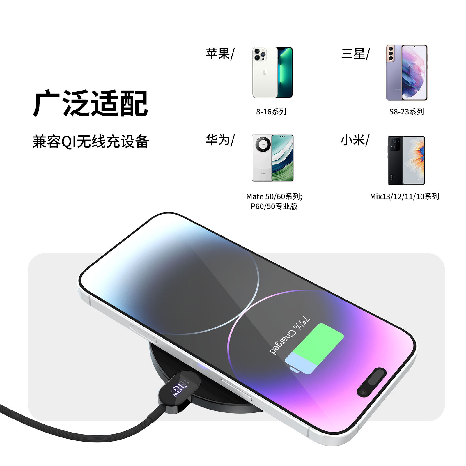 The Heidelini private module digital display second-generation wireless charger with small disc 15W fast charging is suitable for Apple 8-16 wireless charging Specification drawing