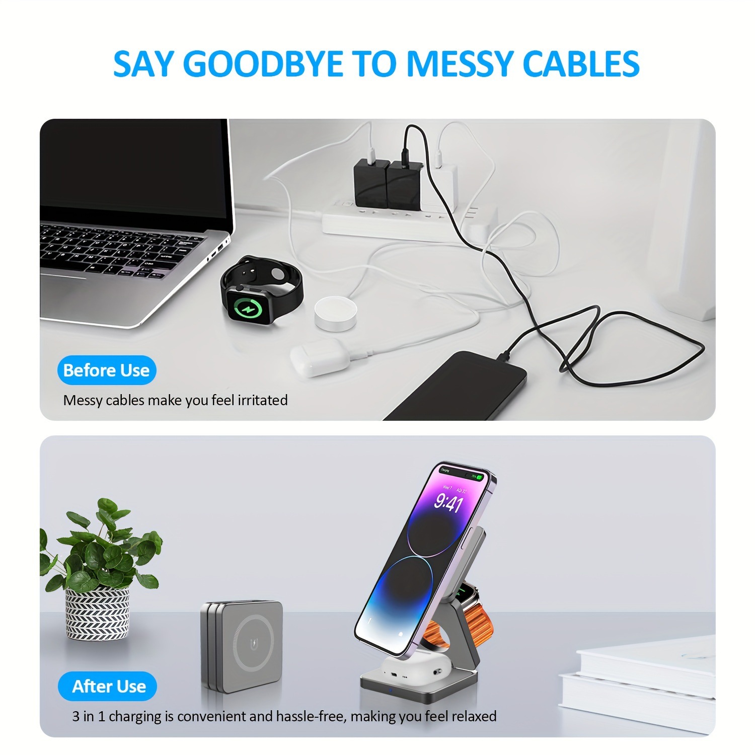 The 3-in-1 magnetic wireless charger and foldable charger are suitable for iphones, headphones and watches Specification drawing