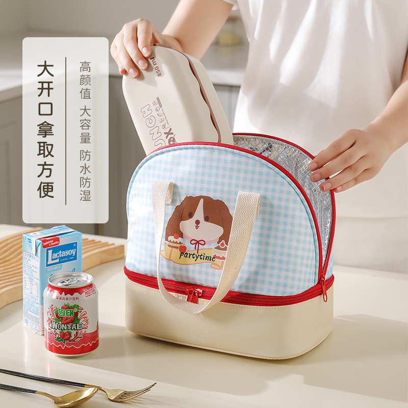 New double-layer cartoon checkered bento bag, office lunch box, handbag, bento insulated bag, student lunch box bag details Picture