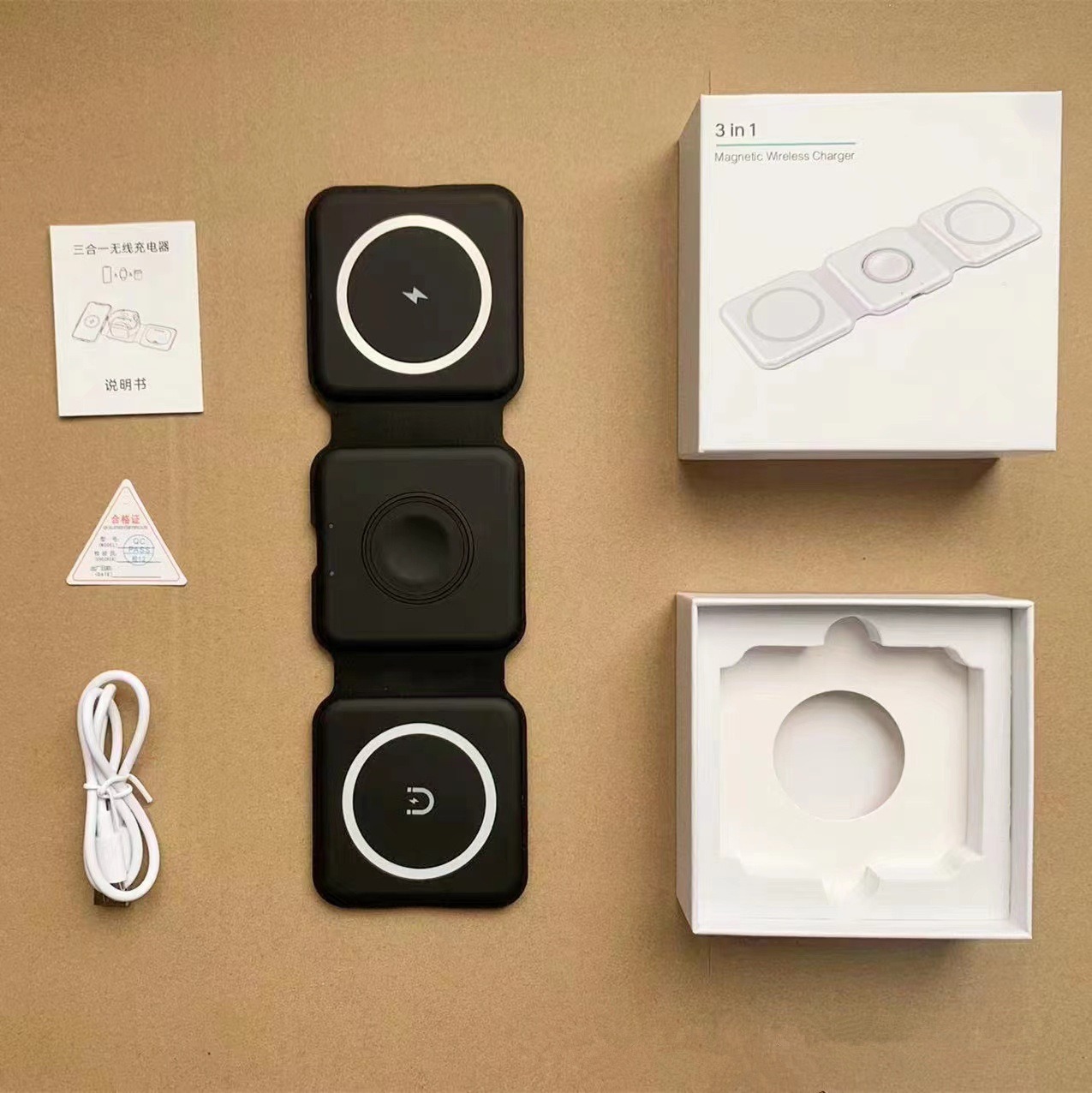 A best-selling three-in-one magnetic wireless charger for desktop folding wireless charging, suitable for 15W Apple and Huawei phones Application Scenario