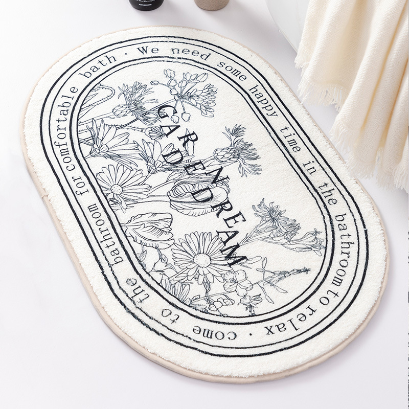 Oval-shaped faux cashmere printed floor mat for bathroom feet, water-absorbing and anti-slip floor mat, versatile and simple bathroom floor mat Specification image