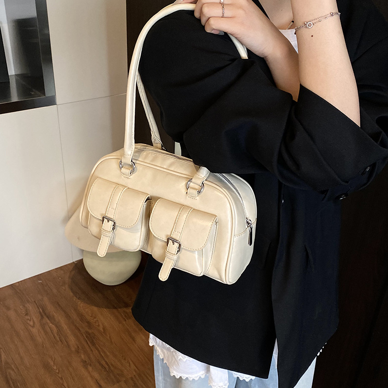 2025 New high-end quality large-capacity bowling bag for women, solid color multi-pocket simple underarm single-shoulder bag details Picture