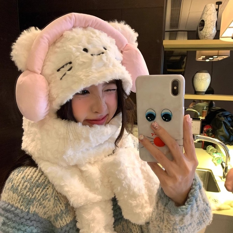 Biuiu~ Ear-protecting scarf, hat and gloves in one piece, winter plush warm and versatile, cute cat hood, scarf for women full figure