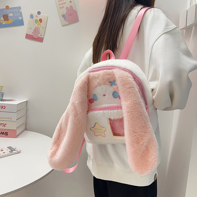 A new style of cute and sweet long-eared rabbit plush bag for Korean girls, featuring a cartoonish, soft and trendy backpack full figure