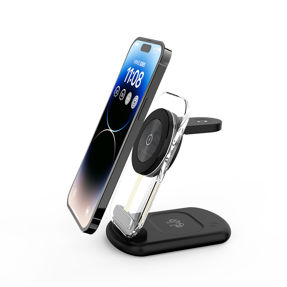 The new transparent folding magnetic three-in-one wireless charger is suitable for Apple 15/14/13/12 mobile phones and watch lugs Item Picture