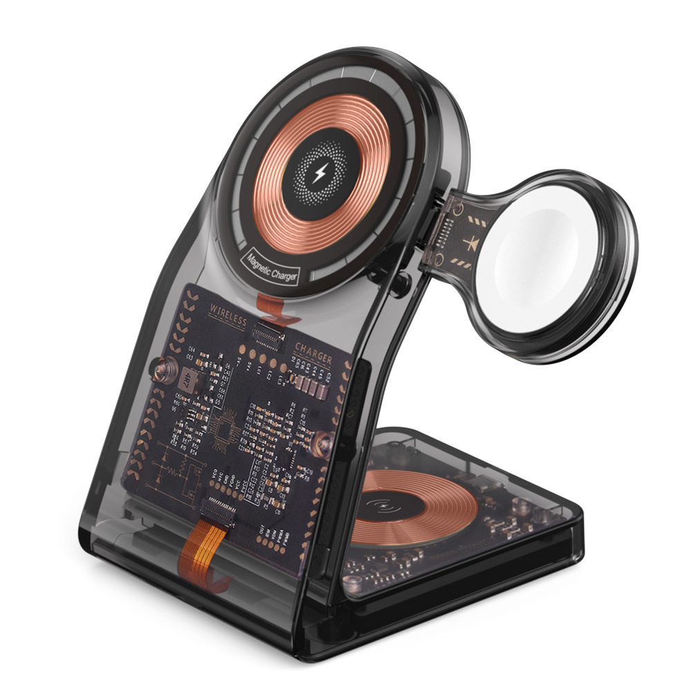 New transparent magnetic three-in-one wireless charger phone stand, 15W fast charging, multi-functional Type-C watch charger Item Picture