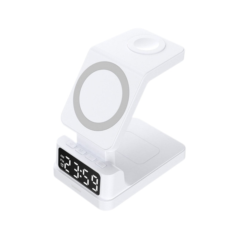 Desktop four-in-one multi-functional clock magnetic stand, mobile phone, watch, earphone wireless charger, 15W wireless charger Item Picture