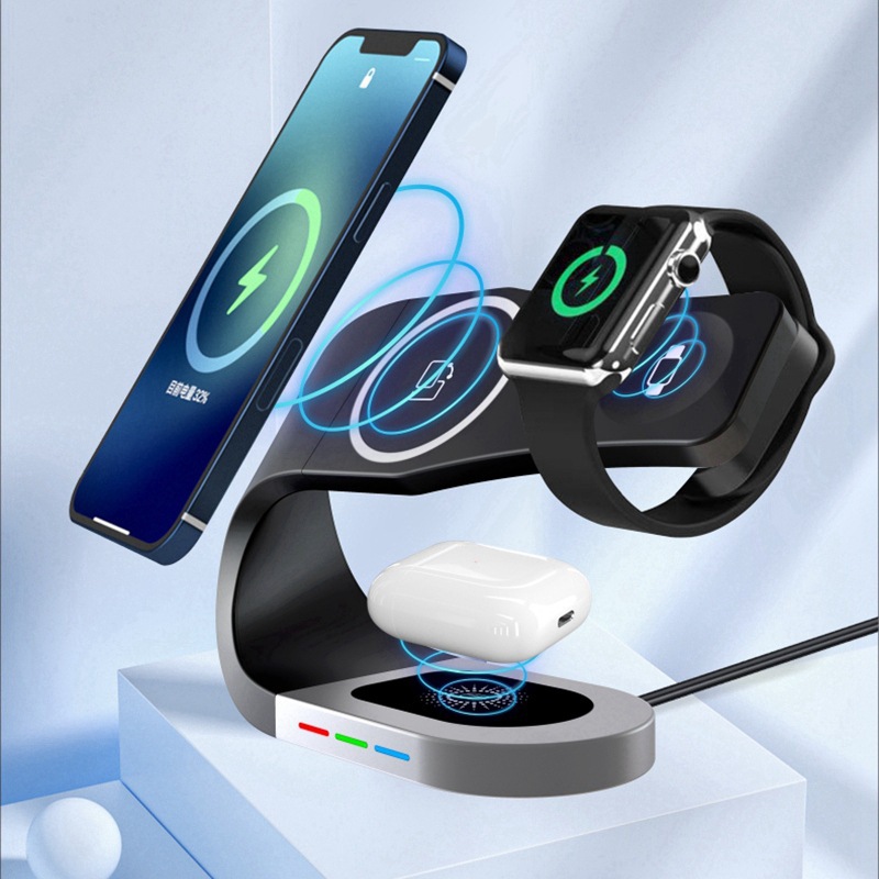 The magnetic multi-functional wireless charger is suitable for iwatch watches, mobile phones and AirPod headphones in one full figure