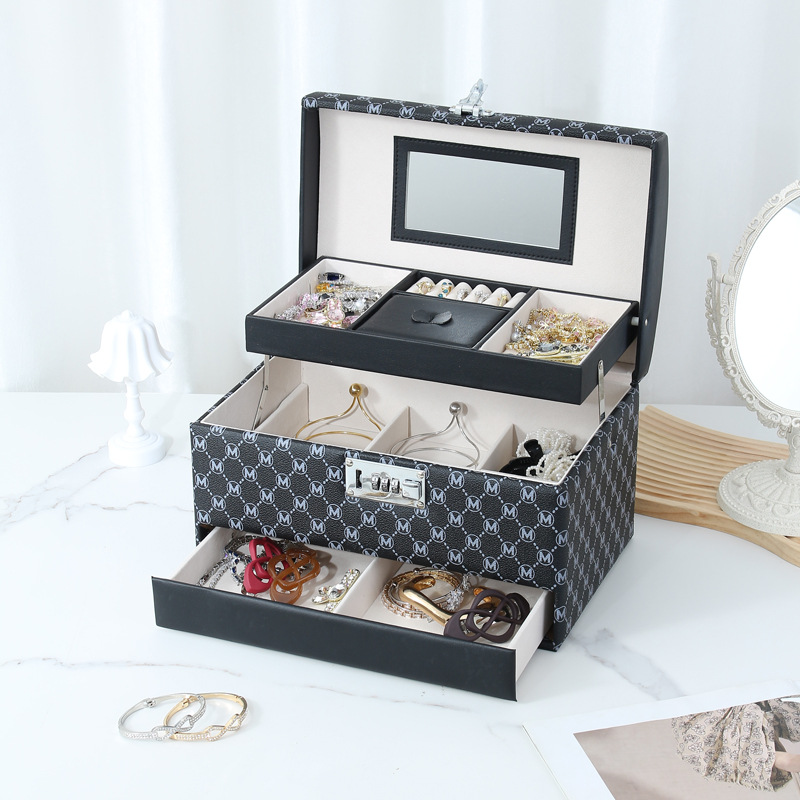 Letter jewelry storage box, ring and necklace jewelry storage box, large capacity bracelet position, password box with mirror, cross-border full figure