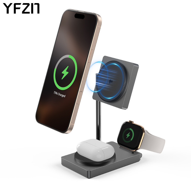 High-quality 30W folding magnetic three-in-one wireless charger, zinc alloy qi2 certified watch, 5W fast charging full figure