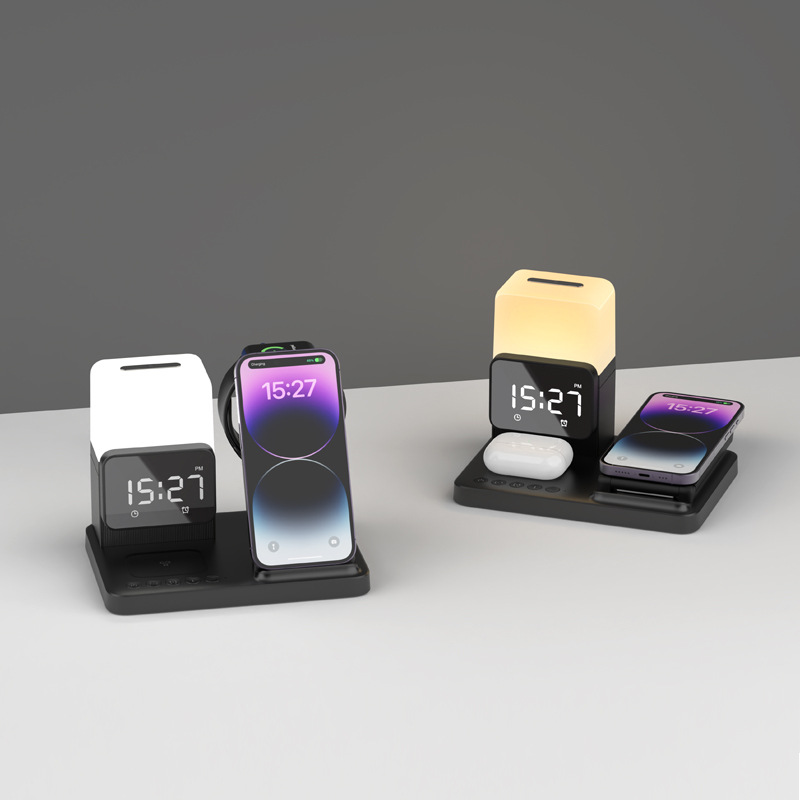 Suitable for mobile phones, headphones, Apple watches, wireless charging, night lights, alarm clocks, standing foldable multi-functional wireless charger Specification drawing
